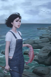 Rule 34 | 1girl, animal, arm at side, arm up, bird, black eyes, blue pants, commentary, denim, english commentary, fish, fishing rod, gohpot, grey sky, holding, holding animal, holding fish, holding fishing rod, horizon, jeans, looking at viewer, midriff, nose, ocean, open mouth, original, overalls, overcast, pants, parted lips, rock, shirt, short hair, short sleeves, sky, solo, sunlight, teeth, tongue, tongue out, white shirt
