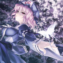 Rule 34 | 1girl, breasts, bug, butterfly, dress, female focus, hat, bug, japanese clothes, lowres, pink hair, red eyes, rokuwata tomoe, saigyouji yuyuko, solo, touhou