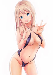 Rule 34 | 1girl, :o, absurdres, alessandra susu, bad id, bad pixiv id, blonde hair, blue eyes, breasts, collarbone, cowboy shot, groin, highres, leaning forward, long hair, looking at viewer, md5 mismatch, medium breasts, navel, open mouth, partially visible vulva, revision, simple background, slingshot swimsuit, smile, solo, standing, swimsuit, tokyo 7th sisters, underboob, white background, yeyebirdie