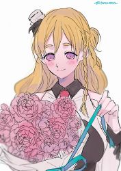 Rule 34 | 1girl, blonde hair, blush, bouquet, braid, breasts, detached sleeves, flower, hat, highres, holding, holding bouquet, kantai collection, large breasts, long hair, long sleeves, mini person, minigirl, pink flower, pink rose, purple eyes, ribbon, rose, side braid, simple background, solo, toroween, twitter username, upper body, white background, zara (kancolle), zara due (kancolle)