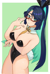 Rule 34 | 1girl, aqua eyes, aqua hair, aqua lips, bare arms, bare shoulders, black leotard, blue hair, border, breasts, cleavage, cloud retainer (genshin impact), colored inner hair, commentary, cowboy shot, detached collar, fake tail, genshin impact, glasses, green background, highres, large breasts, leotard, long hair, looking at viewer, multicolored hair, outside border, playboy bunny, ponytail, rabbit tail, red-framed eyewear, solo, standing, strapless, strapless leotard, tail, thighs, very long hair, white border, xianyun (genshin impact), yellow glasses (odivichno)