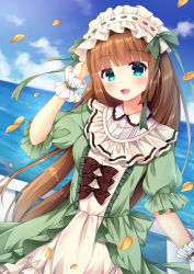 Rule 34 | 1girl, :d, black bow, blue eyes, blue sky, blunt bangs, blush, bow, brown hair, cloud, commentary request, day, dress, frilled hairband, frills, fujikura ryuune, green bow, green dress, hairband, head tilt, horizon, lolita fashion, long hair, looking at viewer, ocean, open mouth, original, outdoors, petals, puffy short sleeves, puffy sleeves, railing, ribbon-trimmed hairband, ribbon trim, short sleeves, sky, smile, solo, very long hair, water, white hairband, wrist cuffs