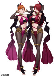 Rule 34 | 2girls, absurdres, arms behind head, arms up, artist name, bare shoulders, breasts, bridal gauntlets, brown eyes, brown hair, cleavage, collarbone, commentary, cosplay, dorothea arnault, dorothea arnault (cosplay), earrings, feathers, fire emblem, fire emblem heroes, full body, gradient clothes, hair ornament, highres, jewelry, kaos art, kirijou mitsuru, lene (fire emblem), lene (fire emblem) (cosplay), lips, lipstick, loincloth, long hair, looking at viewer, makeup, medium breasts, multiple girls, nail polish, navel, nintendo, parted lips, pelvic curtain, persona, persona 3, red eyes, red hair, revealing clothes, shiny clothes, short hair, signature, simple background, skin tight, sleeveless, smile, standing, stirrup legwear, stomach, takeba yukari, toeless legwear, toes
