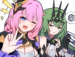 Rule 34 | +++, 2girls, ;d, black gloves, blue eyes, breasts, cleavage, commentary request, dress, elysia (honkai impact), fopasu, gloves, green eyes, green hair, hair intakes, honkai (series), honkai impact 3rd, long hair, long sleeves, looking at viewer, medium breasts, mobius (honkai impact), multiple girls, nail polish, one eye closed, open mouth, parted lips, pink hair, pink nails, pointy ears, simple background, smile, spoken squiggle, squiggle, v, white background, white dress, wide sleeves