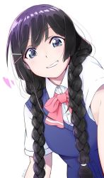 Rule 34 | 1girl, artist request, black hair, blue eyes, blue vest, bow, bowtie, braid, hair ornament, hair over shoulder, hairclip, long hair, looking at viewer, nijisanji, pink bow, school uniform, shirt, short sleeves, smile, solo, tsukino mito, tsukino mito (3rd costume), twin braids, vest, virtual youtuber, white shirt