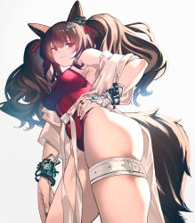 Rule 34 | 1girl, absurdres, angelina (arknights), angelina (summer flower) (arknights), animal ears, arknights, armpits, bare shoulders, bracelet, breasts, brown hair, casual one-piece swimsuit, closed mouth, covered navel, cowboy shot, fox ears, fox girl, fox tail, from below, gaanc 23 (tomosuge), hand on own hip, highres, jewelry, medium breasts, necklace, official alternate costume, one-piece swimsuit, red eyes, red one-piece swimsuit, ring, sidelocks, sideways glance, simple background, solo, swimsuit, swimsuit cover-up, tail, thigh strap, thighs, twintails, white background