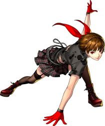 Rule 34 | 10s, 1girl, atlus, boots, brown hair, dancing, full body, garter straps, gloves, looking at viewer, niijima makoto, official art, persona, persona 5, persona 5: dancing star night, persona dancing, red gloves, scarf, short hair, smile, soejima shigenori, solo, thighhighs, transparent background