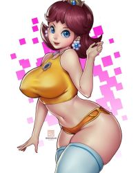 Rule 34 | 1girl, adapted costume, alternate body size, alternate breast size, bare shoulders, blue eyes, bokuman, breasts, brown hair, cowboy shot, crop top, crown, curvy, earrings, flower ornament, jewelry, large breasts, lips, looking at viewer, mario (series), mario tennis, midriff, mini crown, navel, nintendo, open mouth, orange shirt, orange shorts, princess daisy, shirt, short shorts, shorts, simple background, skindentation, sleeveless, sleeveless shirt, smile, solo, standing, super mario land, tennis daisy, thick thighs, thighhighs, thighs, white background, yellow shorts