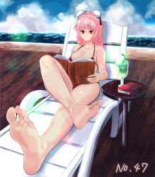 Rule 34 | 1girl, barefoot, beach, bikini, book, breasts, bun cover, chair, cleavage, cocktail glass, cup, drinking glass, feet, highres, ibaraki kasen, large breasts, long hair, lounge chair, pink hair, reading, red eyes, soles, swimsuit, toes, touhou
