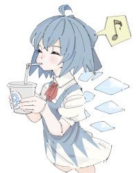 Rule 34 | blue hair, blush, cirno, detached wings, dress, drinking, closed eyes, musical note, short hair, simple background, spoken musical note, tenohira (tenoo12), touhou, white background, wings