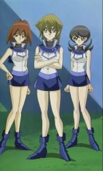 Rule 34 | 3girls, bare legs, breasts, cleavage, crossed arms, duel academy uniform (yu-gi-oh! gx), hamaguchi momoe, konami, large breasts, long hair, looking at viewer, makurada junko, miniskirt, multiple girls, obelisk blue uniform, school uniform, screencap, shounen jump, skirt, tenjouin asuka, third-party edit, uniform, yu-gi-oh!, yu-gi-oh! duel monsters gx, yu-gi-oh! gx