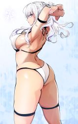 Rule 34 | 1girl, absurdres, agetama, armpits, arms up, ass, back, bare back, bikini, blue eyes, breasts, butt crack, commentary request, curvy, hidan no aria, highres, hip focus, jeanne d&#039;arc (hidan no aria), large breasts, long hair, looking at viewer, looking back, parted lips, sideboob, skindentation, solo, swimsuit, thick thighs, thigh strap, thighs, white bikini, white hair