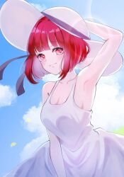 Rule 34 | 1girl, arima kana, blue sky, bob cut, closed mouth, cloud, cloudy sky, commentary, dress, hat, hat ribbon, highres, inverted bob, oshi no ko, red eyes, red hair, ribbon, short hair, sky, smile, solo, symbol-only commentary, watano yuki, white dress, white hat