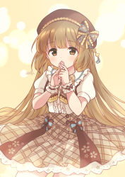 Rule 34 | 1girl, absurdres, beret, blush, bow, brown bow, brown eyes, brown hair, brown skirt, buttons, cherry blossoms, circle, covering face, cowboy shot, frilled cuffs, frilled shirt collar, frills, hair bow, hat, high-waist skirt, highres, holding, holding petal, idolmaster, idolmaster cinderella girls, idolmaster cinderella girls starlight stage, long hair, looking at viewer, petals, plaid, plaid skirt, puffy short sleeves, puffy sleeves, sally (pacch0614), shirt, short sleeves, skirt, solo, standing, white shirt, yellow background, yorita yoshino