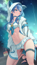 Rule 34 | 1girl, animal hood, apple juice, belt, blue eyes, blue hair, blue nails, bow, bowsan, bowtie, breasts, choker, cleavage, collarbone, comet, foot out of frame, gluteal fold, hair between eyes, hat, highres, hololive, hood, hood up, hooded jacket, hoshimachi suisei, hoshimachi suisei (school uniform), jacket, juice, legs, looking to the side, miniskirt, nail polish, navel, sailor collar, sandals, skirt, sky, small breasts, solo, star (sky), star (symbol), star in eye, starry sky, swimsuit, symbol in eye, thigh belt, thigh strap, thighs, toenail polish, toenails, toes, virtual youtuber