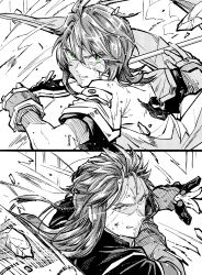 Rule 34 | 2boys, absurdres, asch (tales), bruise, bruise on face, fighting, fighting stance, fingerless gloves, gloves, green eyes, greyscale, hair between eyes, highres, holding, holding sword, holding weapon, injury, jacket, kudou makoto, long hair, luke fon fabre, male focus, military, military uniform, monochrome, multiple boys, parted lips, shirt, short hair, spiked hair, spot color, sword, tales of (series), tales of the abyss, uniform, upper body, weapon, white background