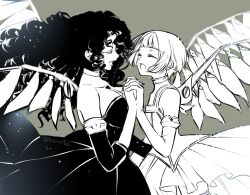Rule 34 | 2girls, breasts, choker, clover (manga), commentary, cowboy shot, curly hair, detached sleeves, dress, elbow gloves, english commentary, face-to-face, facing another, flat chest, floating hair, from side, gloves, greyscale with colored background, highres, kurabayashi, light particles, long hair, monochrome, multiple girls, music, open mouth, oruha, profile, short hair, simple background, singing, sleeveless, sleeveless dress, smile, strapless, strapless dress, suu (clover), wings