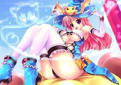 Rule 34 | 1girl, :3, animal ears, bad id, bad pixiv id, bare shoulders, breasts, elbow gloves, gloves, hat, large breasts, long hair, mackey, open mouth, pencil, pentell, pink hair, purple eyes, sitting, thighhighs, twinkle star sprites, underboob, white thighhighs, witch hat, x.x