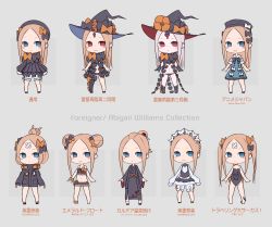 Rule 34 | 1girl, abigail williams (animejapan 2018) (fate), abigail williams (fate), abigail williams (festival outfit) (fate), abigail williams (second ascension) (fate), abigail williams (third ascension) (fate), abigail williams (traveling outfit) (fate), abigail williams (welcome to the travelling circus!) (fate), absurdres, bare shoulders, black bow, black headwear, black panties, blonde hair, blue eyes, bow, character name, chibi, colored skin, emerald float, fate/grand order, fate (series), forehead, grey background, hair bow, hat, heroic spirit festival outfit, heroic spirit traveling outfit, highres, keyhole, kopaka (karda nui), long hair, looking at viewer, multiple hair bows, multiple views, official alternate costume, orange bow, panties, parted bangs, polka dot, polka dot bow, red eyes, simple background, sleeves past fingers, sleeves past wrists, smile, stuffed animal, stuffed toy, teddy bear, underwear, white hair, white skin, witch hat