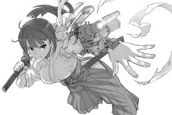 Rule 34 | 1girl, arm cannon, breasts, cannon, closed mouth, commentary request, cyborg, fingernails, frown, greyscale, hakama, hakama skirt, holding, holding sword, holding weapon, itou (onsoku tassha), japanese clothes, katana, large breasts, leg up, looking at viewer, mechanical arms, mechanical parts, miko, miko (itou), monochrome, original, outstretched arm, over shoulder, ponytail, powering up, scabbard, serious, sheath, simple background, single mechanical arm, skirt, solo, sword, torn clothes, unsheathed, weapon, weapon over shoulder, white background