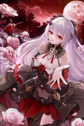 Rule 34 | 1girl, :d, absurdres, bare shoulders, bat hair ornament, black dress, breasts, chinese commentary, cleavage, cloud, cloudy sky, dress, earrings, flower, full moon, hair between eyes, hair ornament, highres, honkai (series), honkai impact 3rd, jewelry, large breasts, long hair, looking at viewer, theresa apocalypse (luna kindred), moon, night, night sky, open mouth, outdoors, red eyes, red flower, red moon, red rose, red sky, rose, shuiyinzijun, signature, sky, smile, solo, theresa apocalypse, theresa apocalypse (lunar vow: crimson love), thighhighs, white flower, white hair
