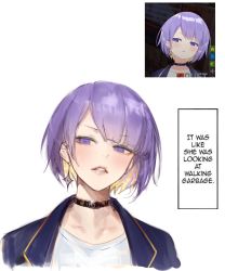 Rule 34 | 1girl, absurdres, black choker, blonde hair, blue jacket, blunt bangs, choker, colored inner hair, earrings, english text, highres, hololive, hololive indonesia, hyde (tabakko), it was like she was looking at walking garbage (meme), jacket, jewelry, meme, moona hoshinova, moona hoshinova (casual), multicolored hair, parted lips, portrait, purple eyes, purple hair, reference inset, shirt, short hair, simple background, solo, virtual youtuber, white background, white shirt