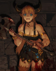 Rule 34 | 1girl, animal ears, armband, artist name, axe, blonde hair, blood, blood on clothes, blood on hands, blood on leg, blood splatter, bloody weapon, blue eyes, breasts, choker, collarbone, cow ears, cow girl, cow horns, cowboy shot, ear piercing, hair between eyes, highres, holding, holding axe, holding weapon, horns, indoors, jewelry, large breasts, long hair, midriff, minotaur, morry, muscular, muscular female, navel, original, piercing, ring, skirt, solo, standing, wall, watermark, weapon