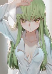Rule 34 | 1girl, breasts, buttons, c.c., cleavage, code geass, collarbone, creayus, green hair, hand up, long hair, long sleeves, looking at viewer, medium breasts, shirt, solo, upper body, white shirt, yellow eyes