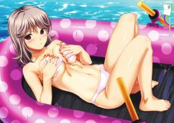Rule 34 | 1girl, angry, barefoot, bikini, bikini top only, blush, breasts, brown hair, covering privates, covering breasts, feet, highres, koutaro, large breasts, paddle, purple eyes, raft, solo, swimsuit, underboob, water