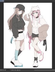 Rule 34 | 2girls, adjusting clothes, adjusting headwear, art program in frame, baggy socks, bang dream!, bang dream! it&#039;s mygo!!!!!, baseball cap, black choker, black headwear, black hoodie, black shorts, black socks, black sweater, blue eyes, blue socks, brown hair, brown jacket, chewing gum, chihaya anon, chinese commentary, choker, closed mouth, collarbone, commentary request, grabbing own arm, grey eyes, hand in pocket, hat, hood, hood down, hoodie, jacket, long hair, long sleeves, looking at viewer, midriff peek, miniskirt, mismatched socks, multiple girls, nagasaki soyo, off shoulder, open clothes, open jacket, pann (1202zzzx00), pink hair, pink socks, shorts, sidelocks, simple background, skirt, sleeves past fingers, sleeves past wrists, socks, standing, standing on one leg, sweater, white background, white headwear, white skirt