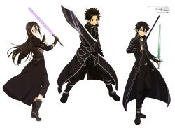 Rule 34 | 10s, absurdres, androgynous, beam saber, black hair, dual wielding, energy sword, fn five-seven, gender request, gun, handgun, highres, holding, holding gun, holding lightsaber, holding sword, holding weapon, kirito, kirito (sao-alo), kirito (sao-ggo), lightsaber, long hair, looking at viewer, pdw-caliber pistol, purple lightsaber, short hair, simple background, smile, sword, sword art online, tanabe kenji, weapon, white background