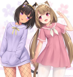 Rule 34 | 2girls, :d, animal ears, black hair, brown hair, cat ears, cat girl, cat tail, cowboy shot, dress, egyptian cat (sasaame), fang, fishnet legwear, fishnets, floral background, food-themed hair ornament, hair ornament, hands in pockets, heads together, ice cream hair ornament, long hair, long sleeves, medium hair, multiple girls, neckerchief, open mouth, original, pantyhose, pink dress, purple eyes, red eyes, sasaame, short sleeves, skin fang, smile, tail, torte (sasaame), twintails, very long hair, white legwear, white neckerchief