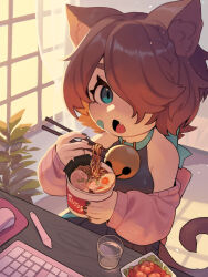 Rule 34 | 1girl, animal ears, aqua eyes, bandaid, bandaid on cheek, bandaid on face, blue collar, braid, breasts, cat ears, cat girl, cat tail, chair, collar, commentary, commission, cup ramen, curtains, eating, egg (food), english commentary, food, glass, hair over one eye, highres, indie virtual youtuber, keyboard (computer), medium breasts, mouse (computer), noodles, pleated skirt, sitting, skeb commission, skirt, sleeves past wrists, solo, stylus, tail, virtual youtuber, water, whimzee (vtuber), window, zombiemiso