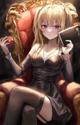 Rule 34 | 1girl, absurdres, amane misa, apple, black dress, black sleeves, black thighhighs, blonde hair, breasts, cleavage, closed mouth, collarbone, cross, cross necklace, crossed legs, death note, death note (object), detached sleeves, dress, food, fruit, garter straps, highres, holding, holding food, jewelry, long hair, long sleeves, looking at viewer, necklace, red eyes, short dress, sitting, sleeveless, sleeveless dress, small breasts, solo, thighhighs, twintails, yam s2, zettai ryouiki