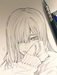 Rule 34 | 1girl, art tools in frame, blush, closed mouth, flying sweatdrops, graphite (medium), hair over one eye, hand up, highres, hoshi san 3, long hair, looking at viewer, mole, mole under eye, one eye covered, original, photo (medium), solo, sweater, traditional media