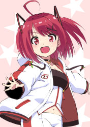Rule 34 | 1girl, :d, ahoge, black choker, breasts, choker, cleavage, copyright request, cowboy shot, hair ornament, hairclip, ishii hisao, jacket, long sleeves, looking at viewer, masaka official, midriff peek, navel, open clothes, open jacket, open mouth, pants, red hair, smile, solo, standing, star (symbol), star in eye, starry background, symbol in eye, two side up, virtual youtuber, white jacket, white pants, x hair ornament
