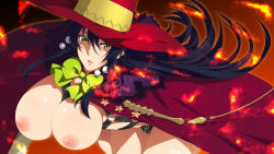 Rule 34 | 10s, 1girl, bdsm, bent over, black hair, breasts, cape, female focus, green eyes, harness, hat, highres, huge breasts, inverted nipples, kagari ayaka, large breasts, leash, long hair, looking at viewer, mizuki makoto, nipples, puffy nipples, solo, topless, witch craft works, witch hat, yellow eyes