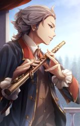 Rule 34 | 1boy, blue eyes, brown vest, copyright request, flute, holding, holding instrument, instrument, looking outside, looking to the side, male focus, official art, solo, standing, tokumaru, upper body, vest, white hair