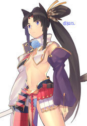 Rule 34 | 1girl, aoten (aoiroarekore), armor, asymmetrical sleeves, black hair, black hat, blue panties, breast curtains, breasts, closed mouth, detached sleeves, fate/grand order, fate (series), feather hair ornament, feathers, hair bun, hair ornament, hat, highres, holding, holding sword, holding weapon, japanese armor, katana, kusazuri, long hair, looking to the side, medium breasts, mismatched sleeves, navel, panties, parted bangs, pom pom (clothes), revealing clothes, side bun, side ponytail, sidelocks, simple background, single side bun, solo, sword, thighs, underwear, ushiwakamaru (fate), weapon, white background, wide sleeves