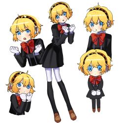 Rule 34 | 1girl, aegis (persona), blonde hair, blue eyes, bow, brown footwear, clenched hand, closed mouth, commentary request, dot nose, gekkoukan high school uniform, headphones, highres, korean commentary, looking at viewer, melkymelkii, multiple views, open mouth, parted lips, persona, persona 3, persona 3 reload, red bow, school uniform, short hair, simple background, teeth, upper teeth only, white background