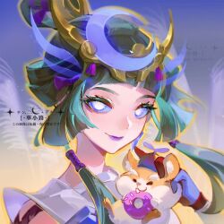 1girl amaterasu_kiriko bright_pupils crescent crescent_hat_ornament diadem donut food green_hair hat_ornament holding japanese_clothes kiriko_(overwatch) looking_at_viewer low-tied_sidelocks makeup medium_hair multicolored_hair official_alternate_costume overwatch overwatch_2 portrait propeller_hat purple_lips road_233 sidelocks smile streaked_hair white_pupils wrecking_ball_(overwatch)