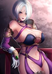 Rule 34 | 1girl, absurdres, armor, bare shoulders, blue eyes, blush, breasts, choker, cleavage, collarbone, commentary, commission, cowboy shot, detached sleeves, forehead, gem, gloves, hair over one eye, highleg, highres, isabella valentine, kangaruu (momotk1109), large breasts, leaning back, looking at viewer, navel, no bra, parted lips, pixiv commission, purple choker, railing, red lips, revealing clothes, short hair, shoulder armor, solo, soul calibur, soulcalibur, soulcalibur vi, warrior, white gloves, white hair