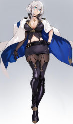 Rule 34 | 1girl, azur lane, belt, black footwear, black gloves, black skirt, blue eyes, boots, breasts, choker, cleavage, coat, cross, cross necklace, garter straps, gloves, gradient background, grey background, grin, hair between eyes, half gloves, hand on own hip, highres, jacket, jacket on shoulders, jewelry, large breasts, looking at viewer, mole, mole on breast, necklace, overall skirt, pantyhose, short hair, sidelocks, silver hair, skirt, smile, solo, thigh boots, thighhighs, underbust, washington (azur lane), white coat, wrist straps, yoshio (55level)