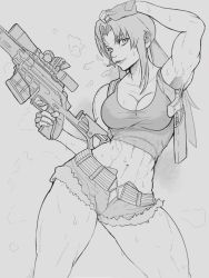 Rule 34 | 1girl, abs, black lagoon, breasts, cleavage, cowboy shot, fingerless gloves, gloves, greyscale, gun, handgun, highres, holding, holding weapon, long hair, looking at viewer, monochrome, muscular, muscular female, ponytail, revy (black lagoon), rifle, shorts, smoking, sniper rifle, solo, sweat, tank top, thick thighs, thighs, weapon, yoracrab