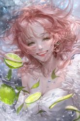 Rule 34 | 1girl, absurdres, bm94199, commentary, dress, earrings, english commentary, floating hair, food, fruit, green eyes, grin, highres, jewelry, leaf, lime (fruit), lime slice, long hair, looking at viewer, original, pink hair, smile, solo, teeth, upper body, white dress, wind