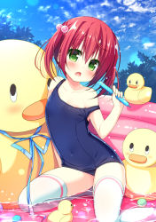 Rule 34 | 1girl, areola slip, blue one-piece swimsuit, blue sky, cloud, covered navel, day, flat chest, green eyes, hair between eyes, hair bobbles, hair ornament, head tilt, looking at viewer, natsuka (unagi-unagi-unagi), one-piece swimsuit, original, outdoors, red hair, rubber duck, school swimsuit, shallow water, short hair, sitting, sky, solo, strap slip, swimsuit, thighhighs, tupet, wading pool, water, white thighhighs