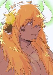 Rule 34 | 1boy, alternate hair color, alternate hair length, alternate hairstyle, animal ears, bara, cow boy, cow ears, cow horns, facial hair, fiery horns, forked eyebrows, glowing horns, goatee, hair over breasts, haishiba ame, highres, horns, large pectorals, long hair, male focus, mature male, muscular, muscular male, nude, orange hair, pectorals, solo, thick eyebrows, tokyo houkago summoners, upper body, wakan tanka