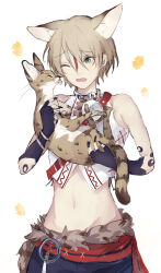 Rule 34 | 1boy, absurdres, animal, animal ears, belt, black pants, blonde hair, blush, brown hair, cat, cat boy, cat ears, crop top, ensemble stars!, fur-trimmed belt, green eyes, highres, holding, holding animal, holding cat, leaf, male focus, multicolored hair, one eye closed, open mouth, pants, red belt, red hair, shiratori aira (ensemble stars!), shirt, short hair, shui miao, solo, white background, white shirt