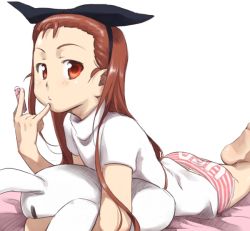 Rule 34 | 1girl, barefoot, blush, bow, brown eyes, brown hair, face, feet, finger to mouth, foreshortening, hair bow, hairband, idolmaster, idolmaster (classic), long hair, lying, m/, minase iori, no pants, on stomach, panties, simple background, soles, solo, striped clothes, striped panties, stuffed animal, stuffed rabbit, stuffed toy, ttomm, turtleneck, underwear