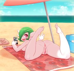 Rule 34 | 1girl, :d, anus, ass, barefoot, beach, beach towel, blue sky, blush stickers, cellphone, completely nude, creatures (company), day, fang, from behind, game freak, gardevoir, gen 3 pokemon, holding, holding phone, horizon, humanization, kionant, looking at viewer, looking back, lying, nintendo, nude, ocean, on back, open mouth, outdoors, parasol, phone, pink eyes, pokemon, pokemon (creature), pokemon go, pussy, sky, smartphone, smile, solo, towel, umbrella, uncensored